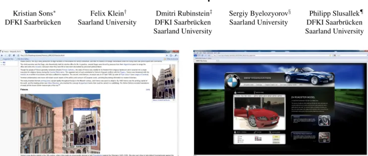 Figure 1: A modified version of Chromium browser with XML3D support showing an extended Wikipedia page about Venice with realtime navigation and interaction with a 3D model of a famous Venetian palace (left) and a car configurator demonstrating the tight i