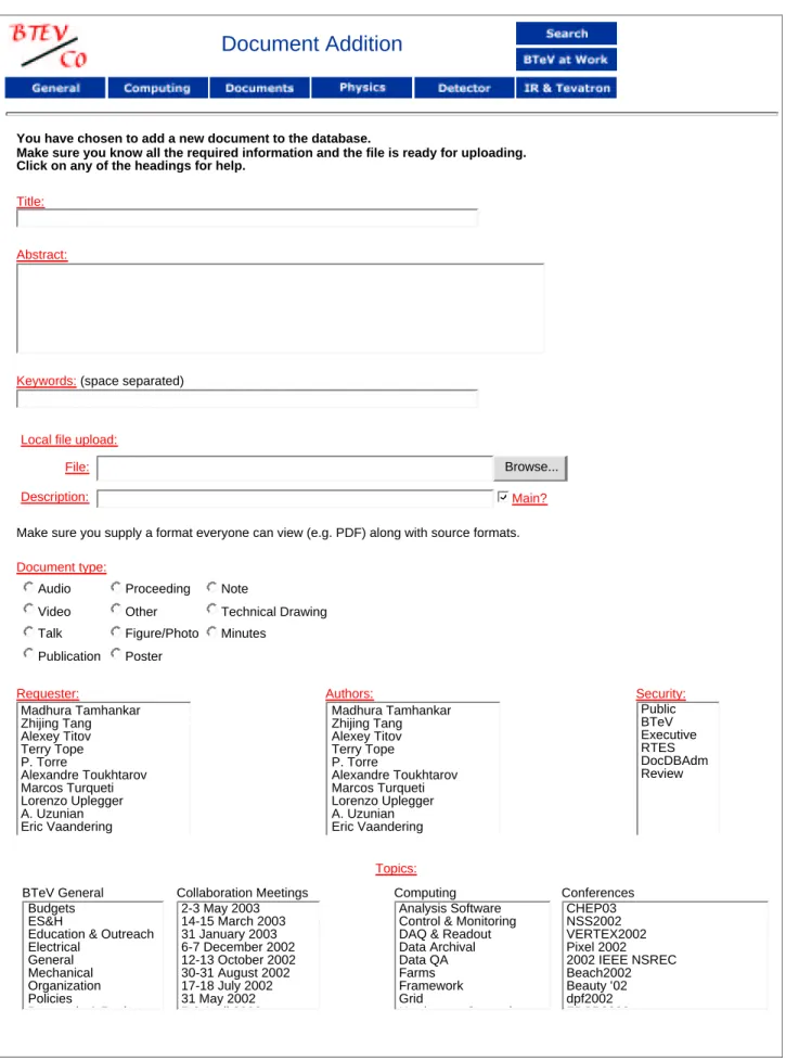 Figure 3: Form for entering a document. Now shown are all the topics, references, and the area to enter additional publication information