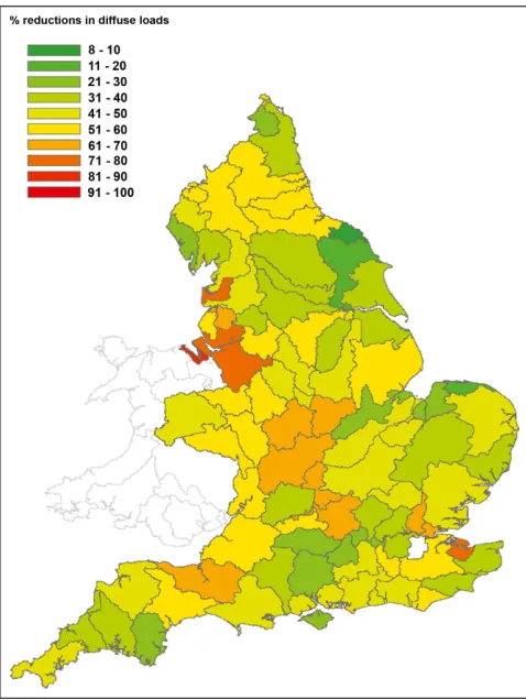 Figure 6. Percent reductions in agricultural P loads required for Water Framework Directive (WFD) compliance, depicted in England (UK) and assessed at the WFD management catchment scale (Environment Agency 2014b).