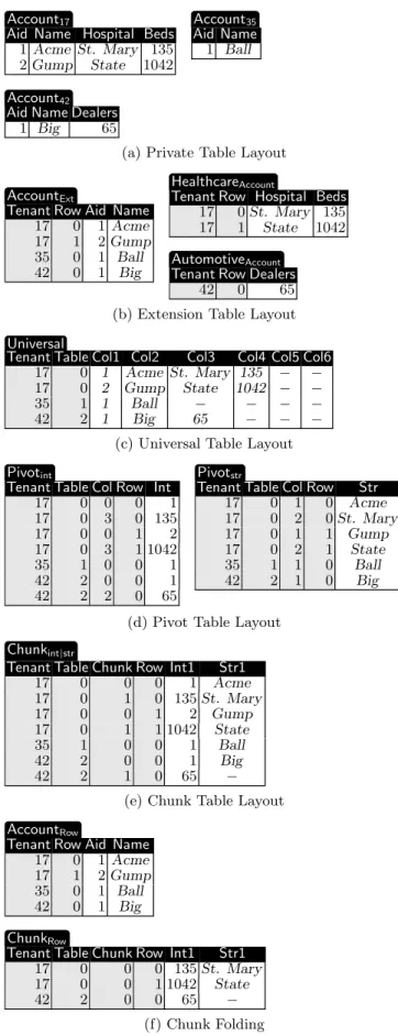 Figure 4: Account table and its extensions in differ- differ-ent layouts. (Gray columns represdiffer-ent meta-data.)
