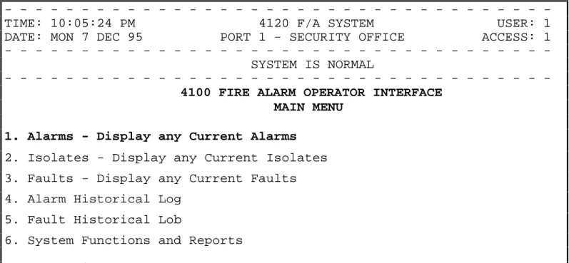 Figure 6 shows the cursor positioned on Item 1.  To select Item 4 (Alarm Historical Log), move the cursor to Item 4 with the cursor control keys, or type the number <4> key and press the <Enter> key.