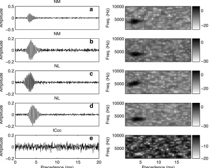 Figure 3.2. Shown are the spike-triggered averages of example NM (a–bapreceding the spike; color bars are provided for reference, but in following ﬁgures will be omittedand ICcc (spikes;, left column), NL (c–d),e) neurons, along with their spectrograms (ri