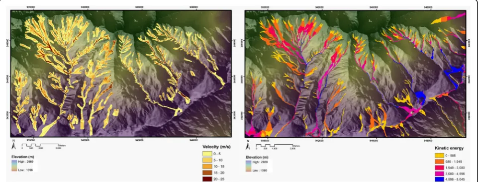 Fig. 3 Debris flow height map generated with the “AschFlow” model for the Barcelonnette basin (upper figure)