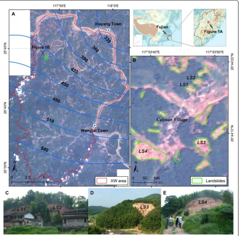 Fig. 1 a SPOT images that cover the Xiayang-Wangtai (XW) area after the rainfall event in mid-to-late June, 2010 is shown; Lines labeled withnumbers indicate cumulative rainfall (mm) in this event