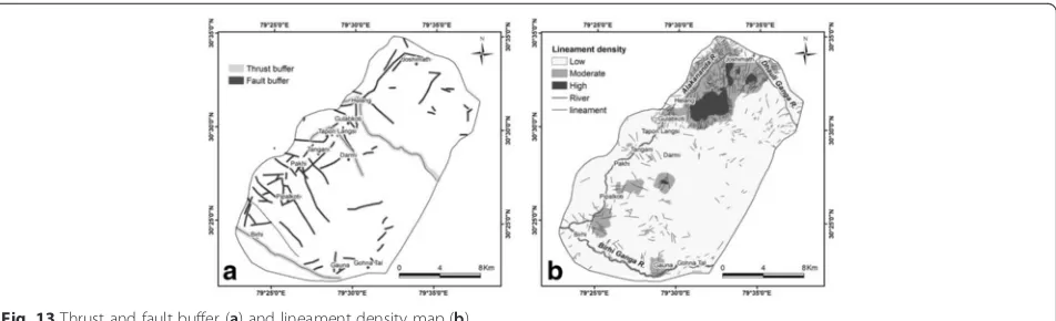 Fig. 13 Thrust and fault buffer (a) and lineament density map (b)