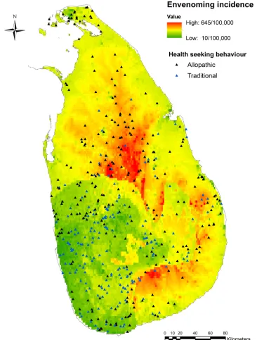 Fig 2. Health seeking behaviour pattern versus envenoming incidence in Sri Lanka. Individual casesare mapped in an envenoming bite incidence map of Sri Lanka