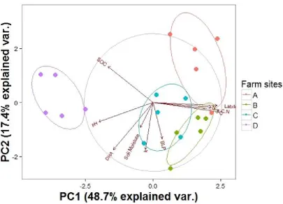 Figure 2-6: PCA ordination plot for carbon stock and carbon cycle process data in paddocks across four study sites (A, B, C, D)