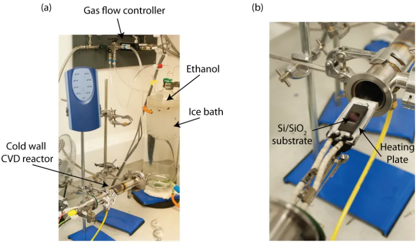 Figure 2.2: CVD system for the growth of ﬂow aligned SWNTs. (b) Interior of the CVD