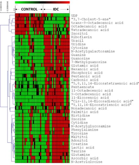 Figure 3: Heatmap of 42 differential metabolites between IDC and controls in tissue samples