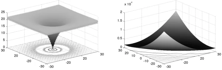 Figure 2.3: Left: the Ackley and right: the Booth functions in two dimensions.