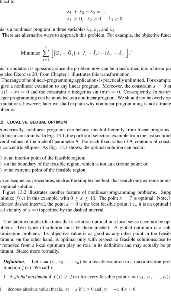 Figure 13.2 illustrates another feature of nonlinear-programming problems. Suppose that we are to minimize f (x) in this example, with 0 ≤ x ≤ 10