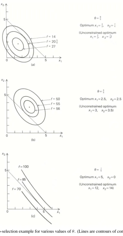 Figure 13.1 Portfolio-selection example for various values of θ. (Lines are contours of constant objective values.)