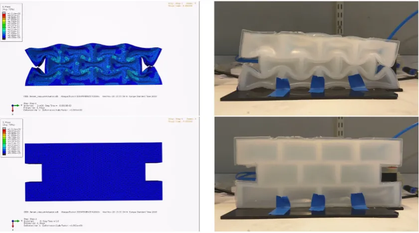 Figure 3.19: The FE model (left) and real actuator (right) side by side. On top the contracted state and atthe bottom the ’relaxed’ state.