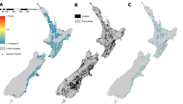 Figure 2.4  constrained by (b), the mask of habitat suitability to give (c), the final projection of overall suitability