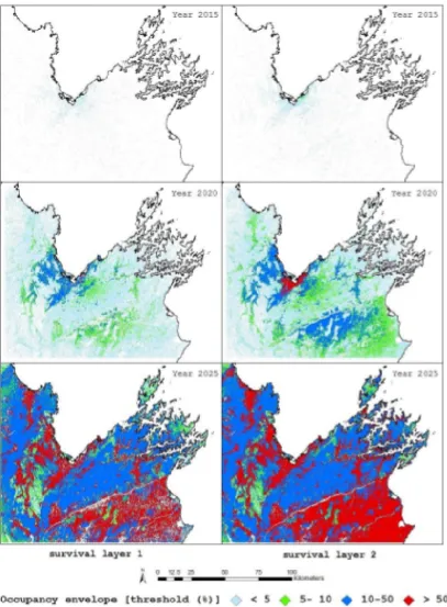 Figure 2.4: From Senay (2014), with permission. Dispersal coverage for the year 2015, 2020 and 2025based on survival layer Surv1 (left panel) and survival layer Surv2 (Right panel)