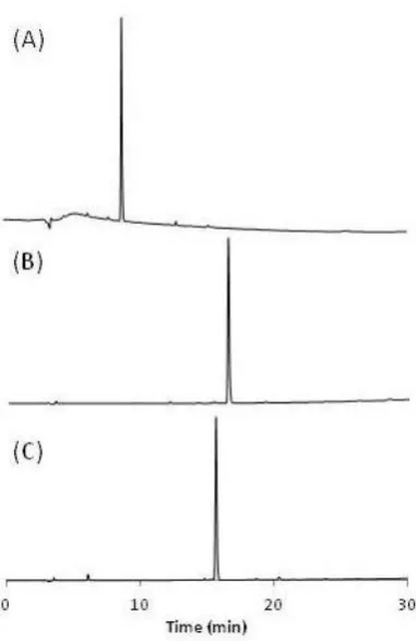 Figure 3.4: HPLC chromatographs for A) complex 4, B) complex 5, C) complex 6. The conditions for the chromatographs are described in section 3.2.2.1