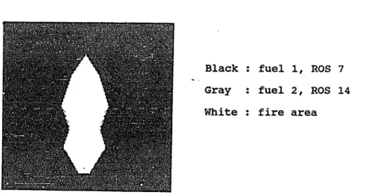 Figure  11.  Fire  Spread  4  mph  with  2  fuels.  Source  is  in  the  lower  portion  of  ths  fire  area