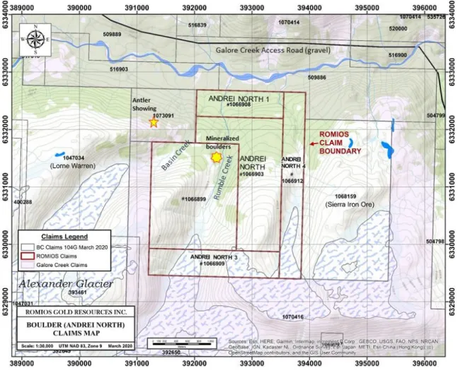Figure 3 : Claim map of the Boulder (Andrei North) claims area 