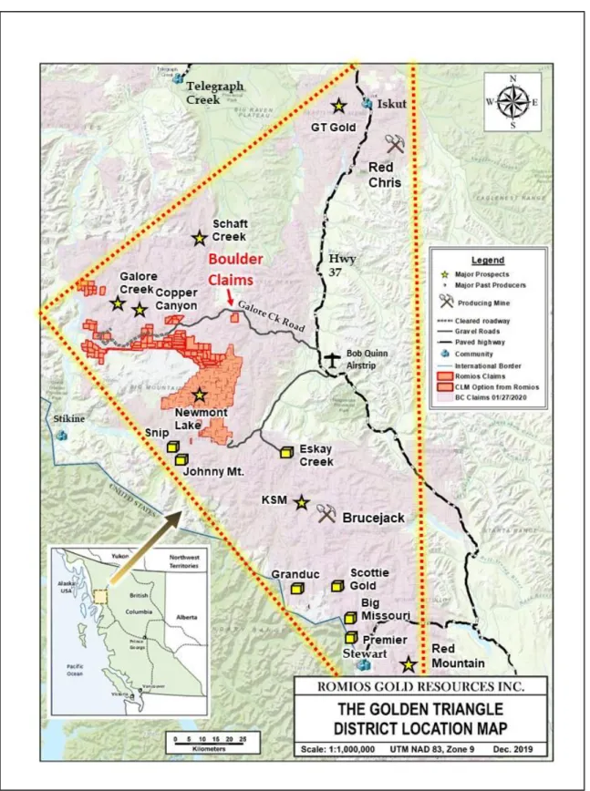 Figure 1: Location map of the Boulder Claims within the Golden Triangle, northwestern BC 