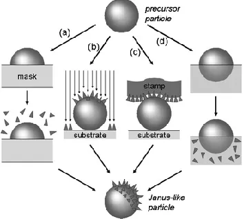 Figure 1.6 Schematic depicting the variety of different methods to manufacture treating exposed side, (b) directional flux of material, (c) microcontact printing, (d) Janus particles by toposelective surface modification