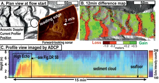Figure 2. Observations of a turbidity current linked to crescentic bedforms. A: Snapshot showing a plan view of flow traveling over bedforms