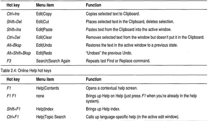 Table 2.5: Debugging/Running hot keys 