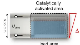 Figure 1. Sensor setup: screen-printed thermopiles (Pt / PtRh onalumina substrate) allow a thermovoltage Usens to be measured be-tween the inert and the catalytically activated area of the sensor.This voltage is a function of exothermicity