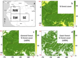 Fig 1. Forest cover maps.a) The three 8° x 10° quadrants under consideration in this paper (NW: 4°N– 4°S, 76°W– 66°W; SW: 4°S– 12°S, 76°W–66°W; and SE: 4°S– 12°S, 66°W– 56°W)