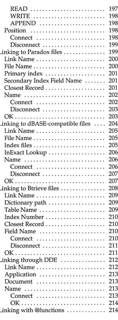 Table Name ...................... 209 Index Number .................... 210 Closest Record ...................