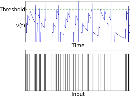 Figure 7: Efect of stoch astic sp iking inp ut on a neuron’s membrane p otential. Top :A neuron’s membrane p otential is increased towards th e f ring th resh old forevery p resynap tic sp ike it receives (bottom).