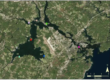 Figure 2: Location of the eight sampling sites for monitoring seaweeds in the Great Bay Estuary