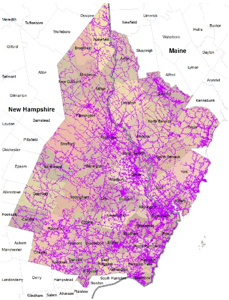 Figure 4.  Distribution of 2015 impervious cover in the project study area.  Impervious features displayed in purple