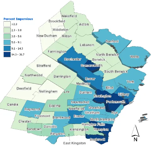 Figure 6.  Percent impervious cover by town, 2015. 