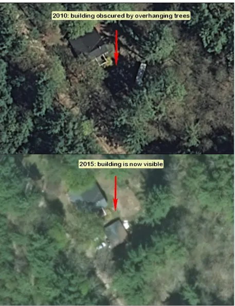 Figure 2. Example of feature obscured by tree canopy in 2010; visible in 2015. 