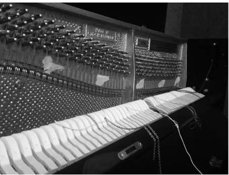 Fig. 1.2.3: Piano preparation showing threads and wires. Each pitch cluster is marked with tape