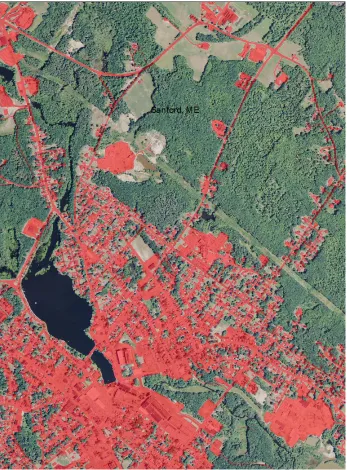 Figure 4. Large scale example of impervious cover features (in red) in the Sanford, ME vicinity