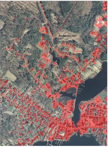 Figure 3. Large scale example of impervious cover features (in red) in the Wolfeboro, NH vicinity