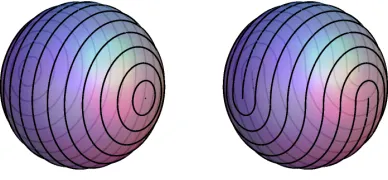 FIG. 2: Smectic texture on a sphere derived from a pair ofnull ‘planes’ in AdS3. Left: the two planes have the same ori-entation