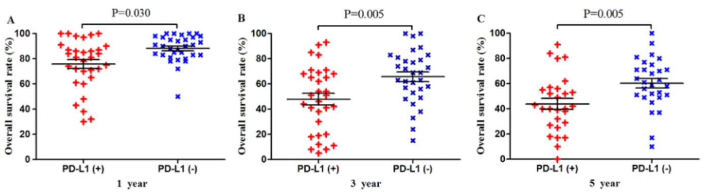 Figure 5: Scatter plot of OS at 1, 3 and 5 years for patients positive or negative for PD-L1 expression