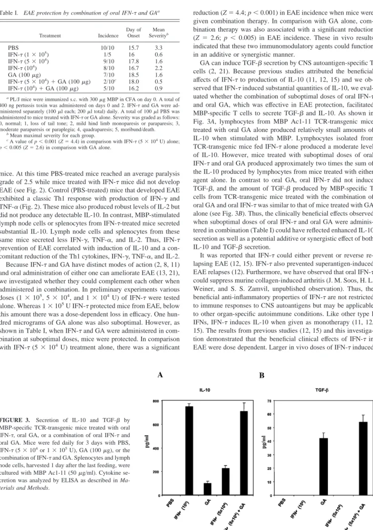FIGURE 3. Secretion of IL-10 and TGF- ␤ by MBP-specific TCR-transgenic mice treated with oral IFN- ␶, oral GA, or a combination of oral IFN-␶ and oral GA