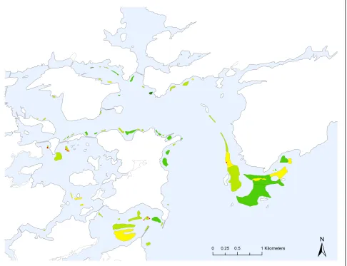 Figure 3a Eelgrass beds in Great Bay, NH and 3b in Portsmouth Harbor, NH: the red dots show the GPS points collected as the boat skirted the edge of the eelgrass beds