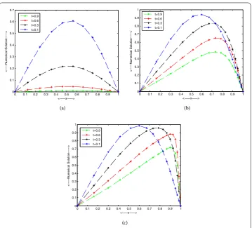Figure 3 Example 5: Computed solutions for different time levels. (a) ε = 2–1, (b) ε = 2–4, (c) ε = 2–6