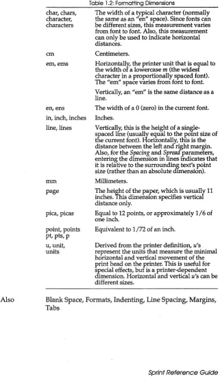 Table 1.2: Formatting Dimensions 