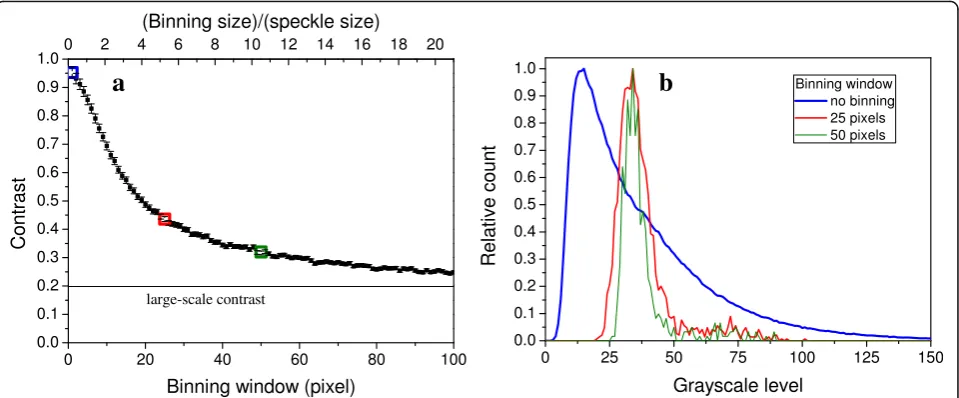 Fig. 7 Simulation of the effect of spatial averaging on the intensity contrast by pixel binning (a) and some representative intensity histograms (bfor C20 diffuser (Gaussian profile, D = 6 mm, WD = 25 cm)