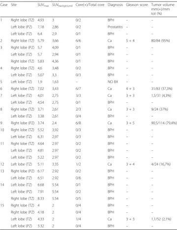 Table 1 PET-CT outcome and pathological characteristics of biopsies for all the patients(TZ = transition zone; PZ = peripheral zone)