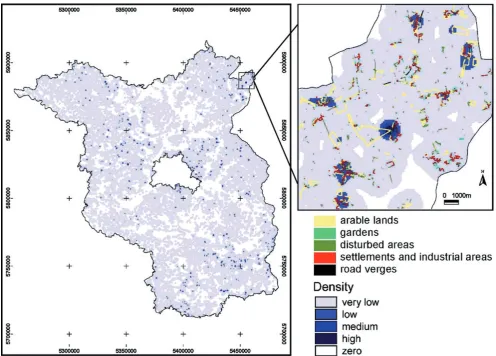 Fig. 3 Oilseed rape hybridisation potential in Brandenburg: Density of biotopes with highest frequency of OSR wild relatives (Arc/Info density function, pixel size 100 m, search radius 1 km)