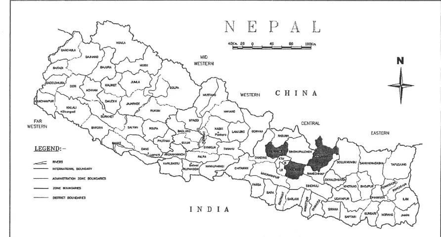 Figure 5.1: Map of Nepal with the study districts highlighted. (Source: UNDP 2005) 