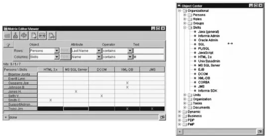 Figure 2. Organizational modeling of virtual teams—MatrixEditor and ObjectCenter.