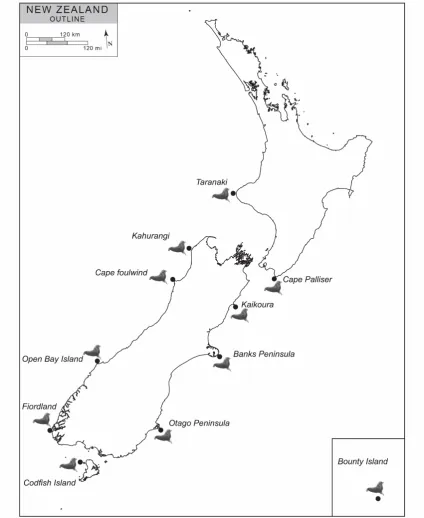 Figure 3-1 New Zealand colonies where tissue biopsies were collected.