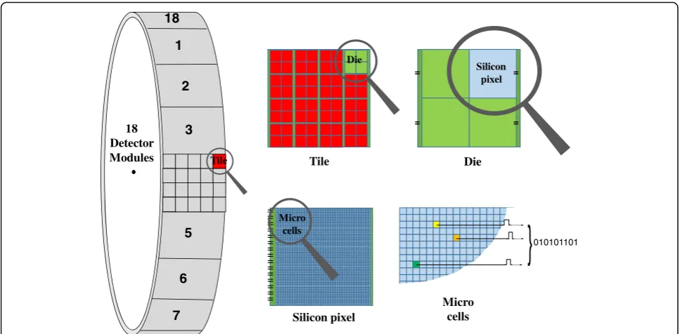 Fig. 1 Solid-state digital photon counting PET detector design. When a scintillation photon hits the microcell sensor, the integrated photoncounter increases and the integrated timer measures the arrival time of the individual photon on that die